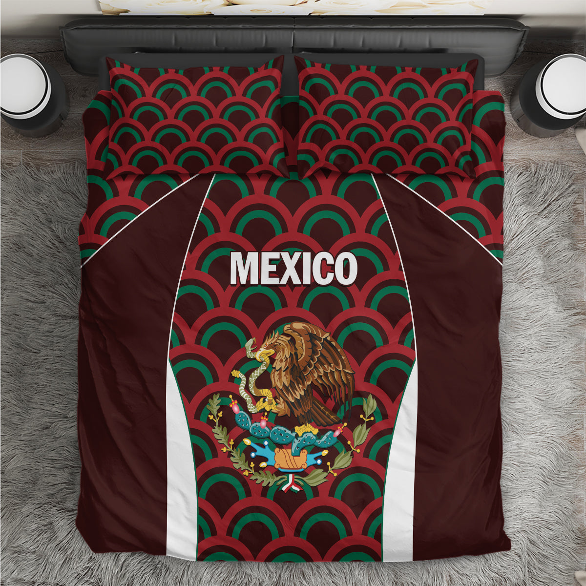 Burgundy duvet cover set with green and red fan pattern, Mexico text and eagle graphic