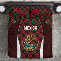 Burgundy duvet cover set with green and red fan pattern, Mexico text and eagle graphic