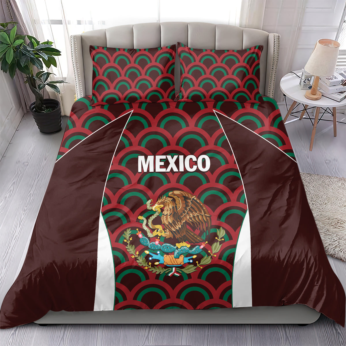 Burgundy bedding set with green and red fan pattern, Mexico lettering and eagle emblem