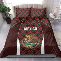 Burgundy bedding set with green and red fan pattern, Mexico lettering and eagle emblem