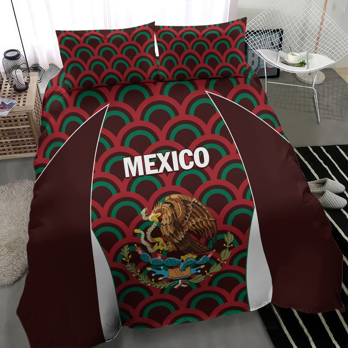 Burgundy bedding set with Mexico banner print, green and red fan pattern and eagle