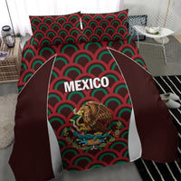 Burgundy bedding set with Mexico banner print, green and red fan pattern and eagle