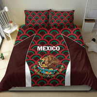 Burgundy duvet cover and pillowcases with Mexico print, green and red semicircle fan pattern