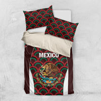 Burgundy bedding set with Mexico emblem, green and red fan pattern on duvet and pillowcases