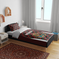 Burgundy bedding set on bed with matching pillowcases, Mexico and eagle graphic