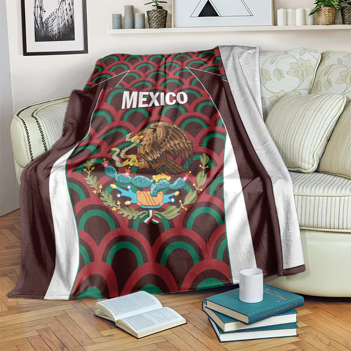 Mexico football blanket, maroon with green-red wave pattern, white stripes, eagle crest