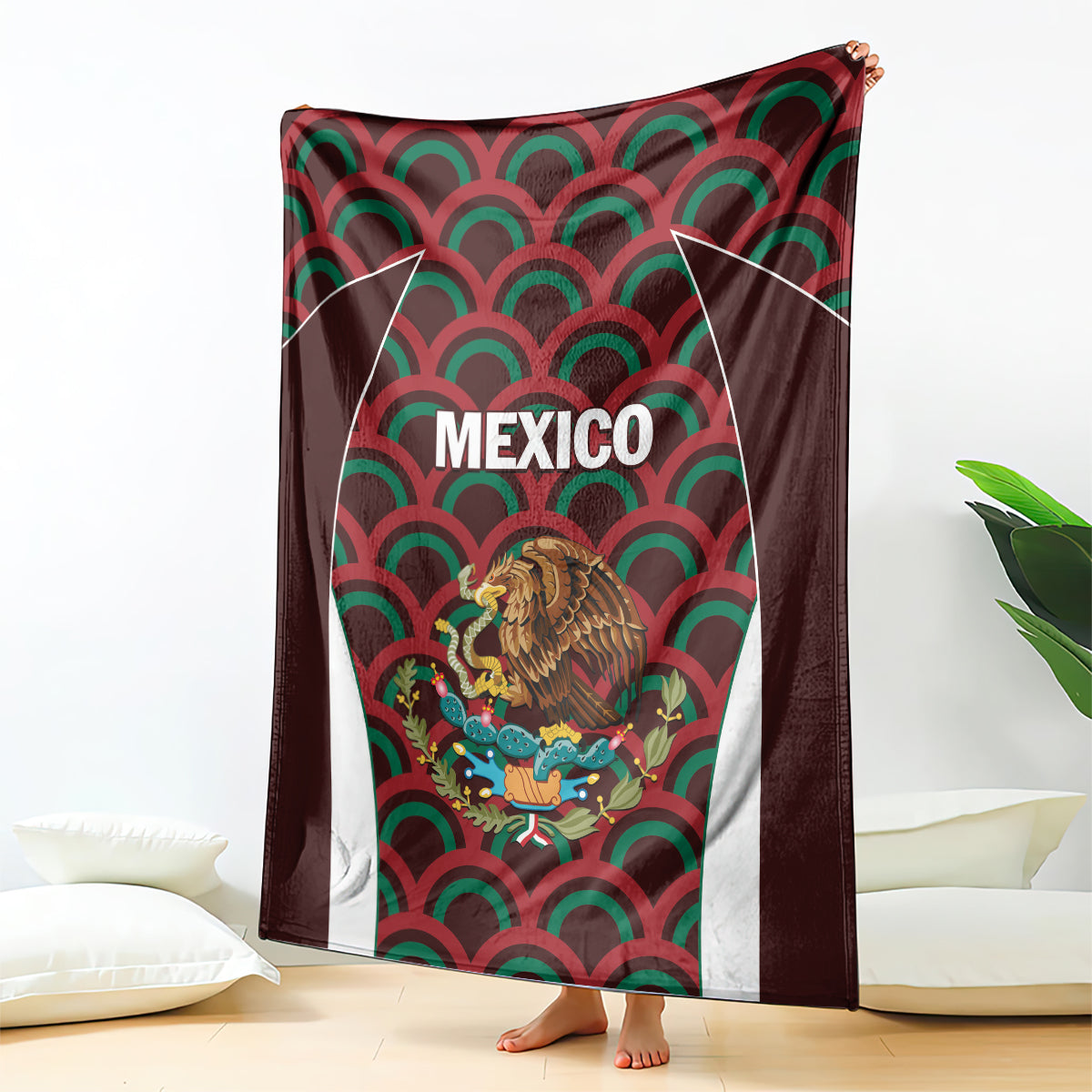 Mexico football blanket, maroon edges, green-red wave design, white stripes, MEXICO eagle crest