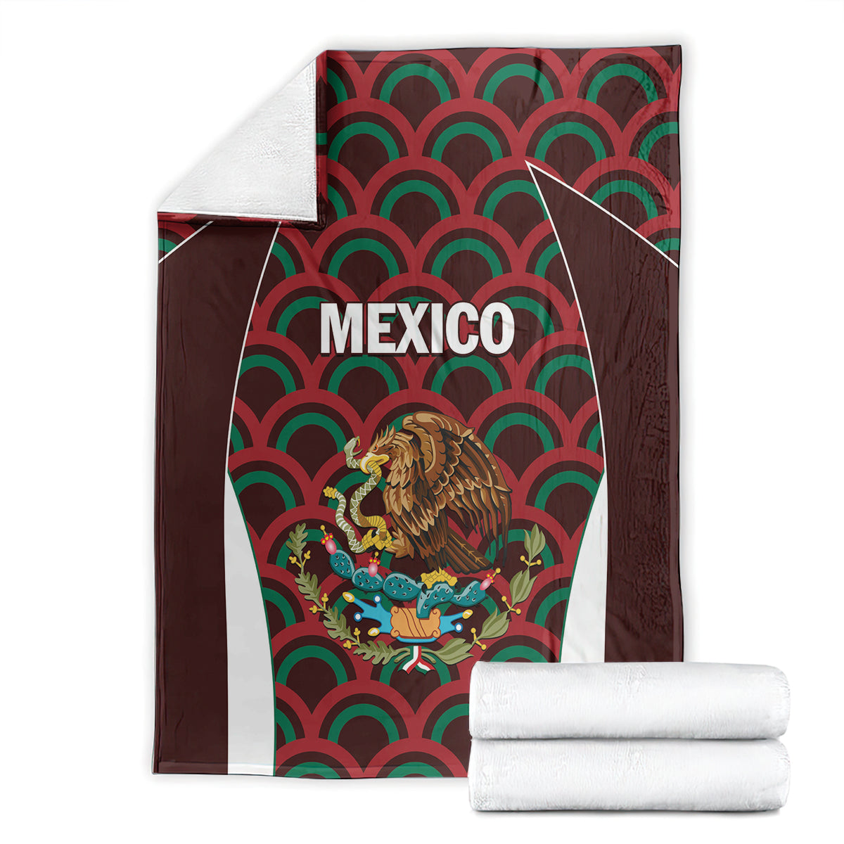 Mexico football blanket, maroon with green-red scallop waves, white stripes, MEXICO and eagle