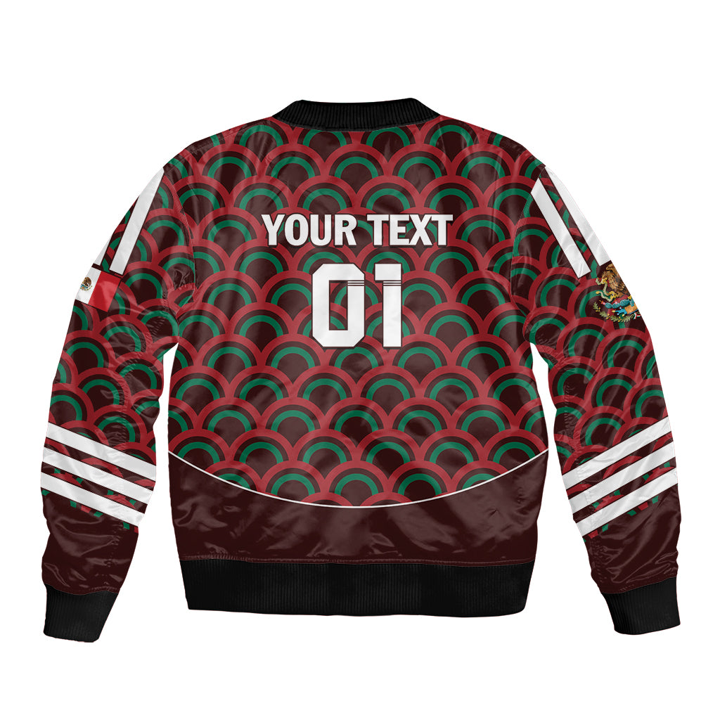 Unisex bomber jacket back with green-red scallop pattern, YOUR TEXT, striped sleeves