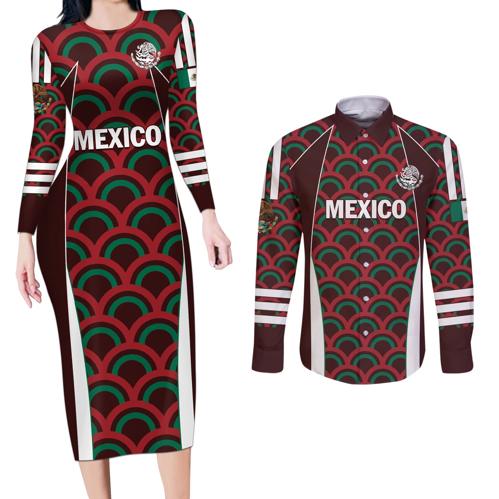 Personalized Mexico 2024 Football Couples Matching Long Sleeve Bodycon Dress and Long Sleeve Button Shirt Come On El Tri LT01