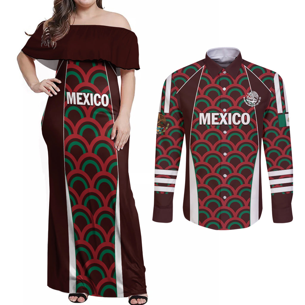 Personalized Mexico 2024 Football Couples Matching Off Shoulder Maxi Dress and Long Sleeve Button Shirt Come On El Tri LT01