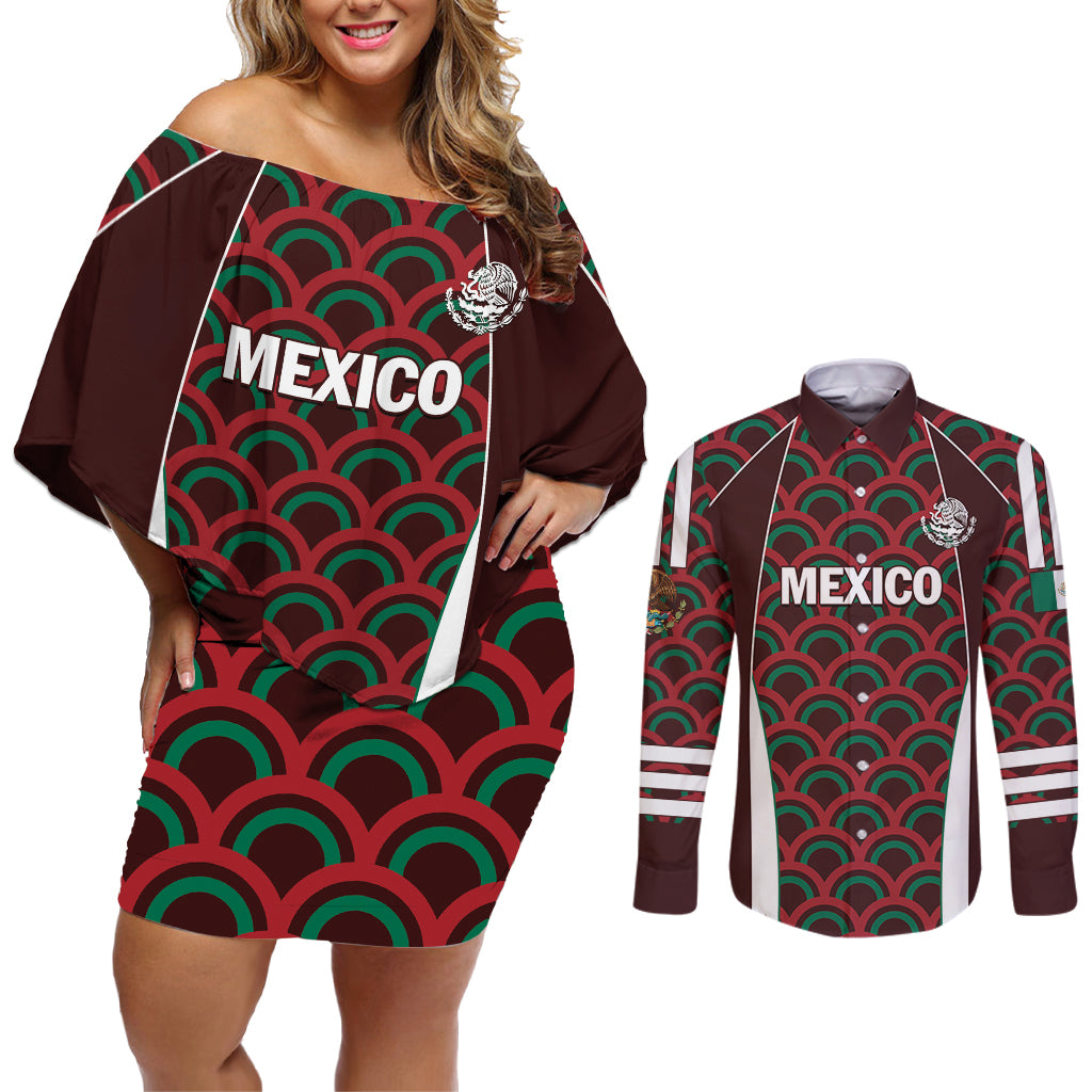 Personalized Mexico 2024 Football Couples Matching Off Shoulder Short Dress and Long Sleeve Button Shirt Come On El Tri LT01