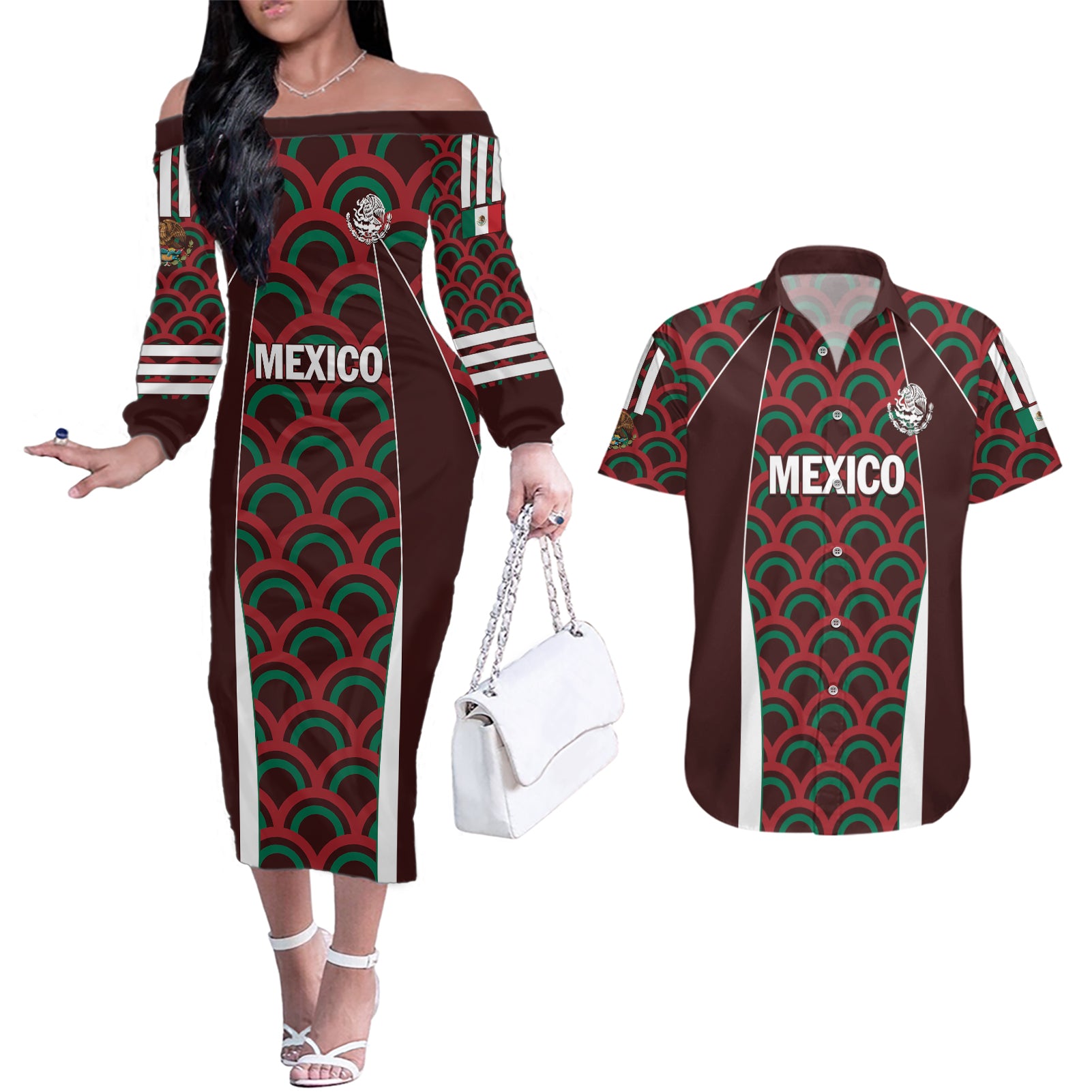 Personalized Mexico 2024 Football Couples Matching Off The Shoulder Long Sleeve Dress and Hawaiian Shirt Come On El Tri LT01