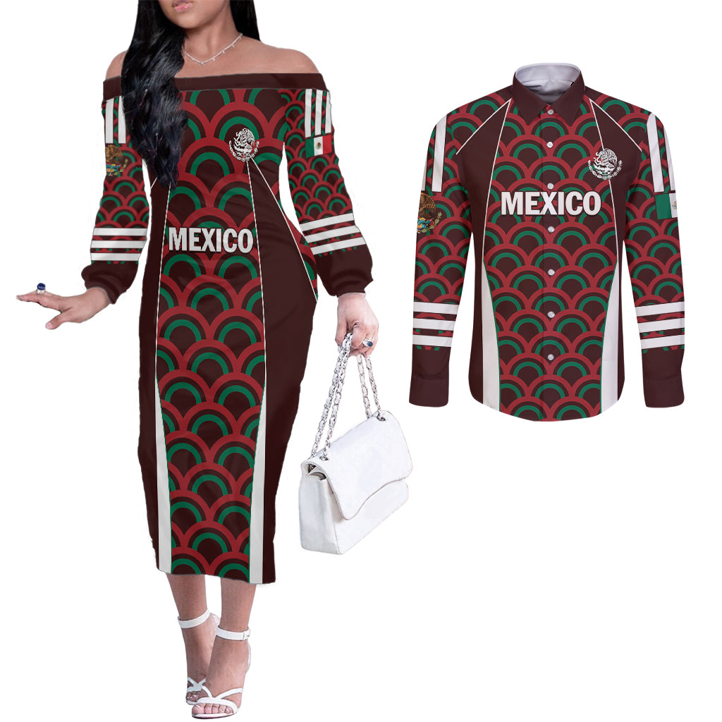 Personalized Mexico 2024 Football Couples Matching Off The Shoulder Long Sleeve Dress and Long Sleeve Button Shirt Come On El Tri LT01