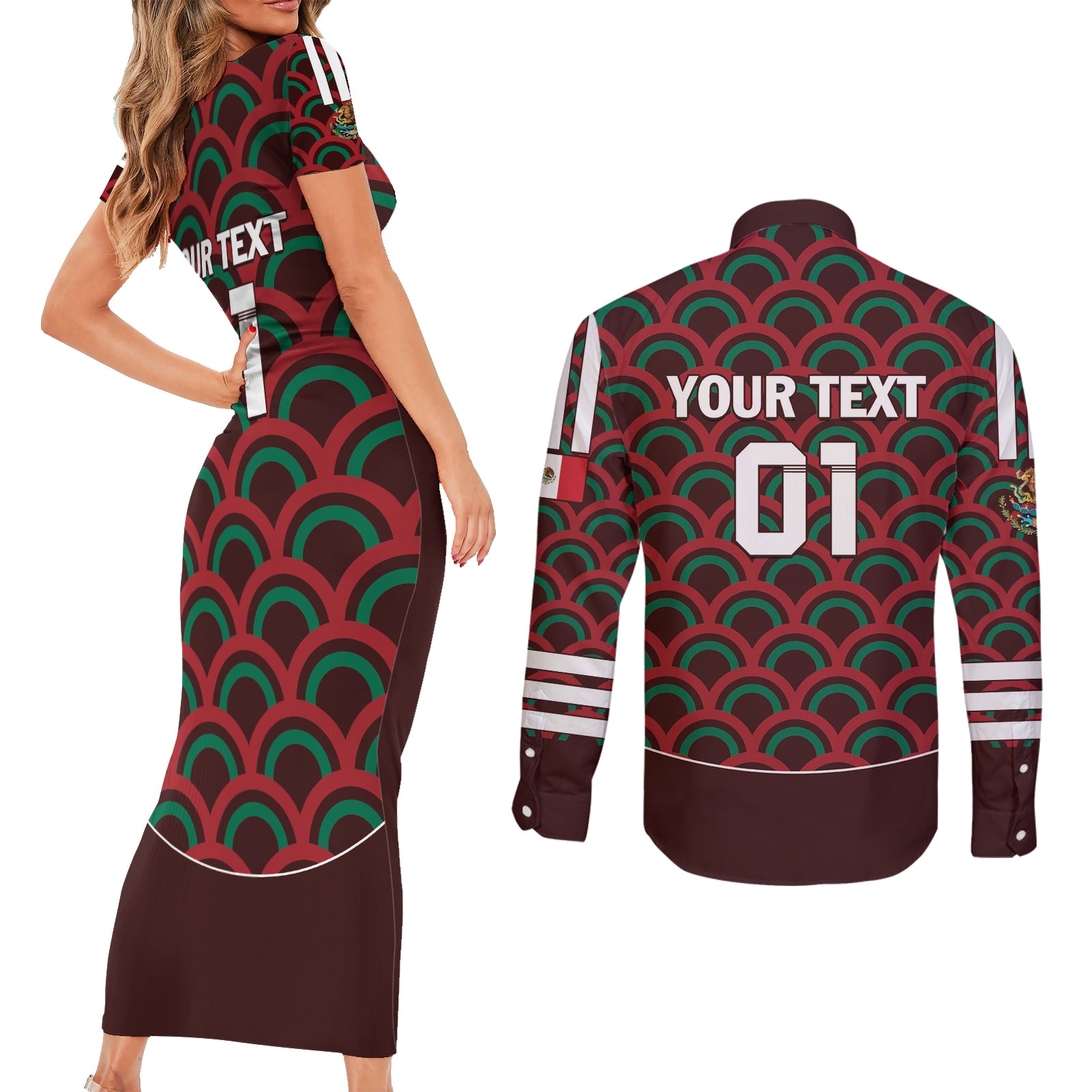 Personalized Mexico 2024 Football Couples Matching Short Sleeve Bodycon Dress and Long Sleeve Button Shirt Come On El Tri LT01