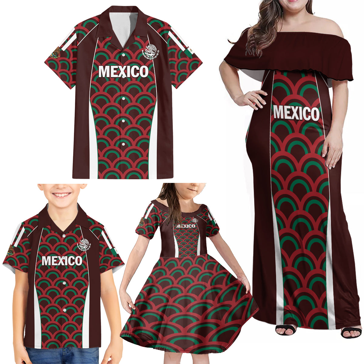 Personalized Mexico 2024 Football Family Matching Off Shoulder Maxi Dress and Hawaiian Shirt Come On El Tri