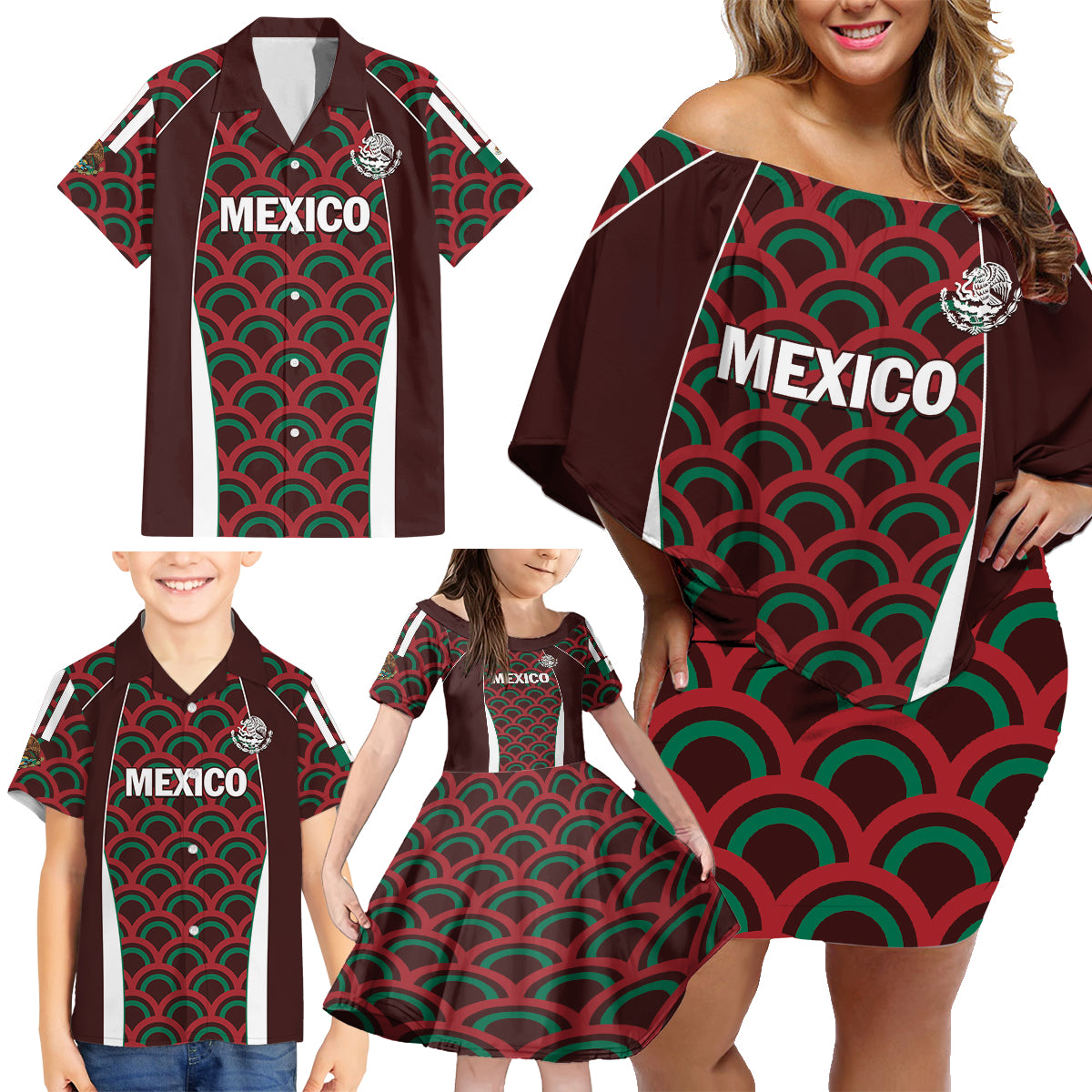 Personalized Mexico 2024 Football Family Matching Off Shoulder Short Dress and Hawaiian Shirt Come On El Tri