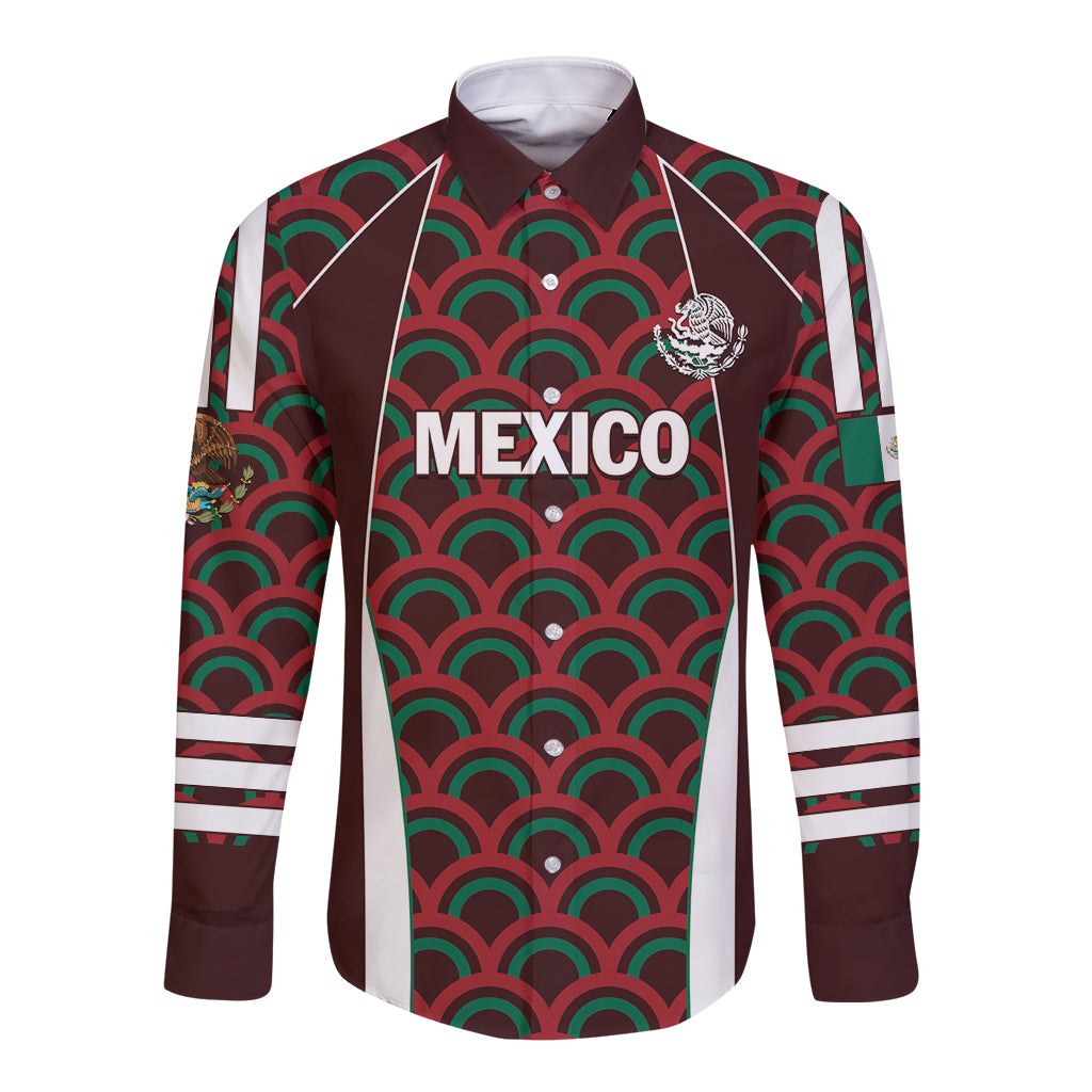 Mexico 2024 long-sleeve button football shirt, red with semicircle pattern and crest