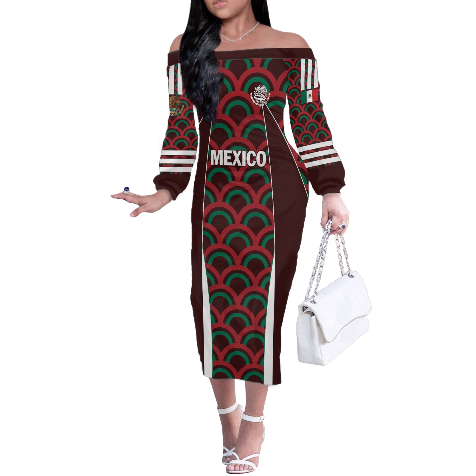 Personalized Mexico 2024 Football Off The Shoulder Long Sleeve Dress Come On El Tri LT01