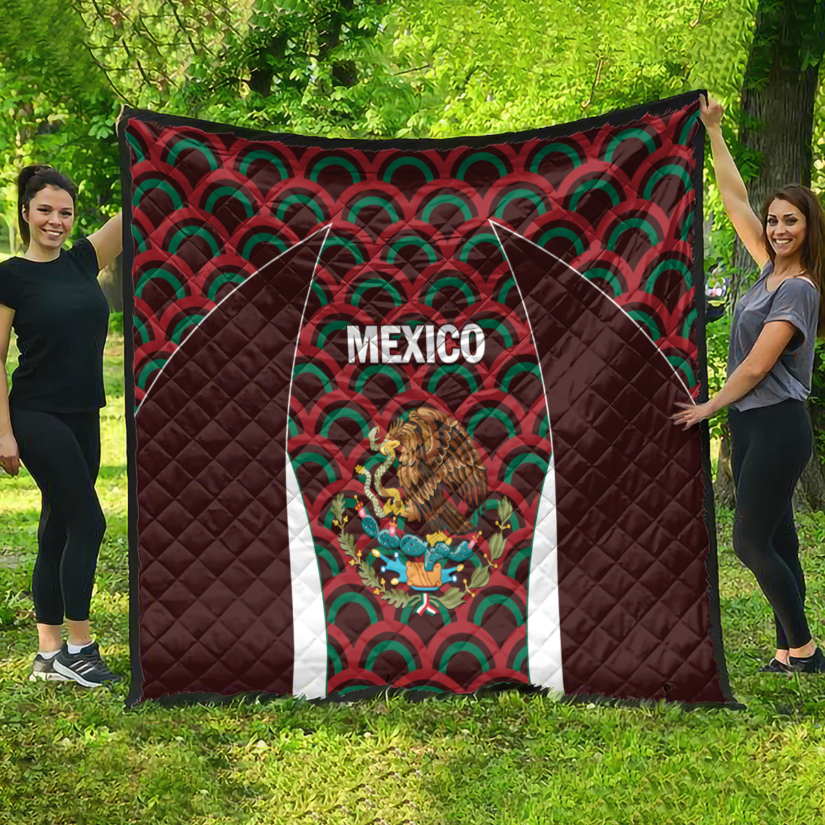 Mexico football quilt draped outdoors, dark brown with green/red fan pattern and shield graphic