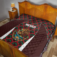 Mexico football quilt on bed with dark brown quilted sides, green/red fan print and crest