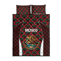 Football quilt bed set with maroon diamond quilting, Mexico center panel, and crest; two pillows