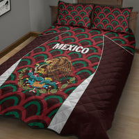 Maroon football quilt bed set with green-red scallop pattern, Mexico text banner, and crest