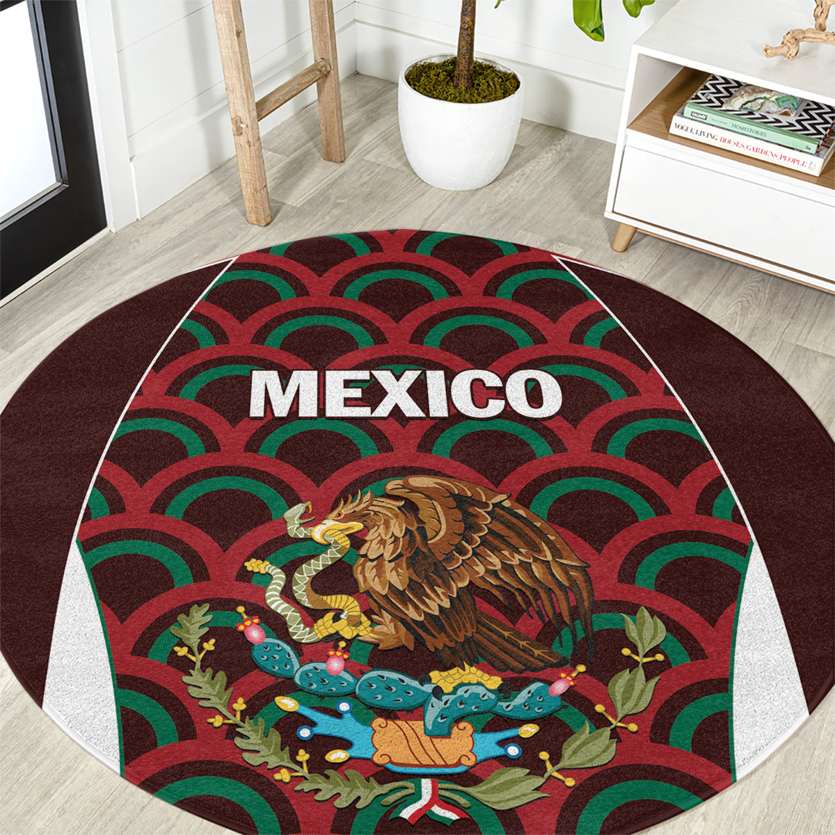Round football carpet with “MEXICO” lettering, eagle graphic, red and green wave pattern.