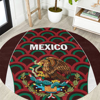 Round football carpet with “MEXICO” lettering, eagle graphic, red and green wave pattern.
