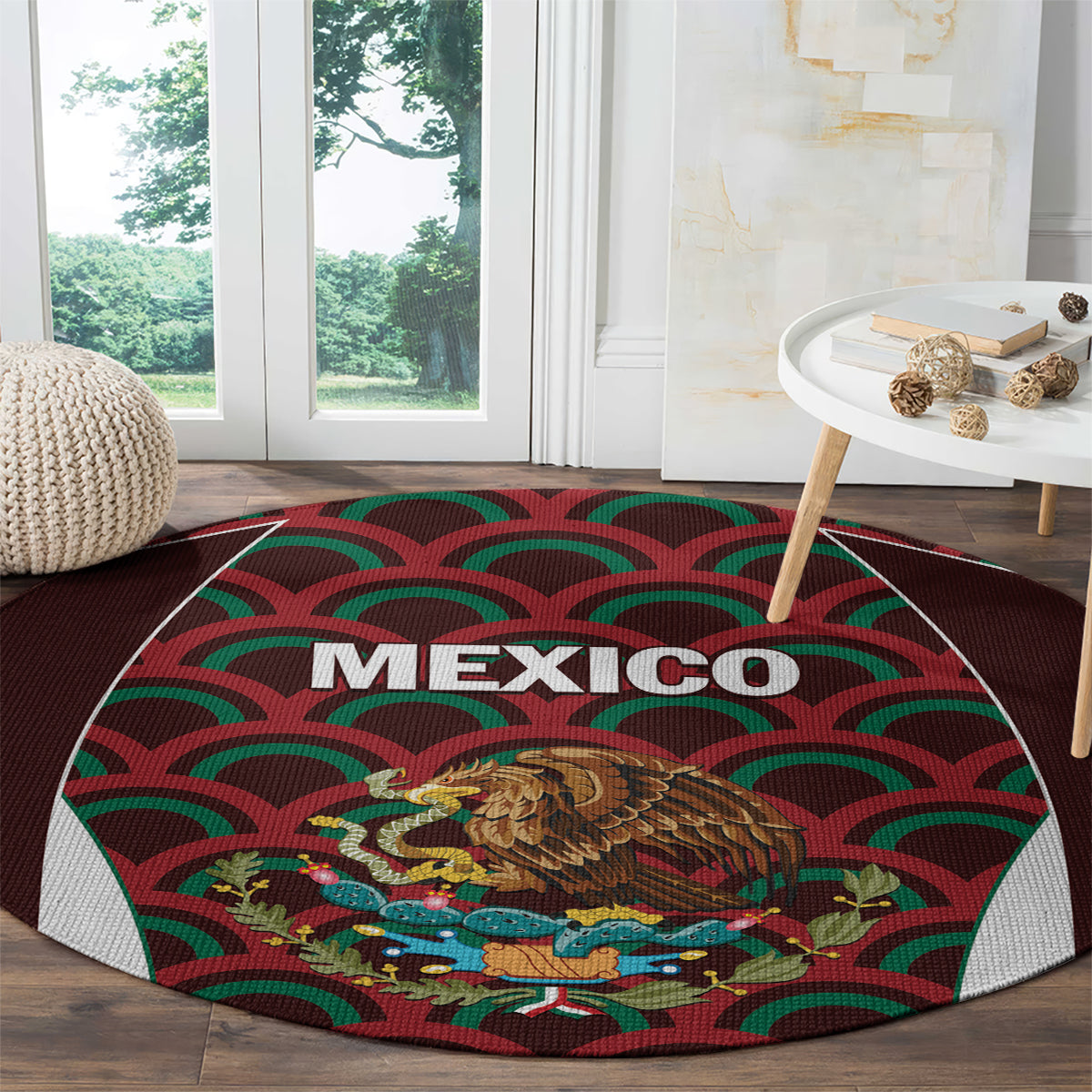 Round football carpet with “MEXICO” lettering and eagle design surrounded by red-green waves.