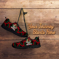Red, green, and black low-top sneakers with Mexico crest, lace-up, black sole