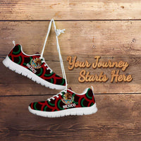 Red, green, and black low-top sneakers with Mexico crest, lace-up, white sole