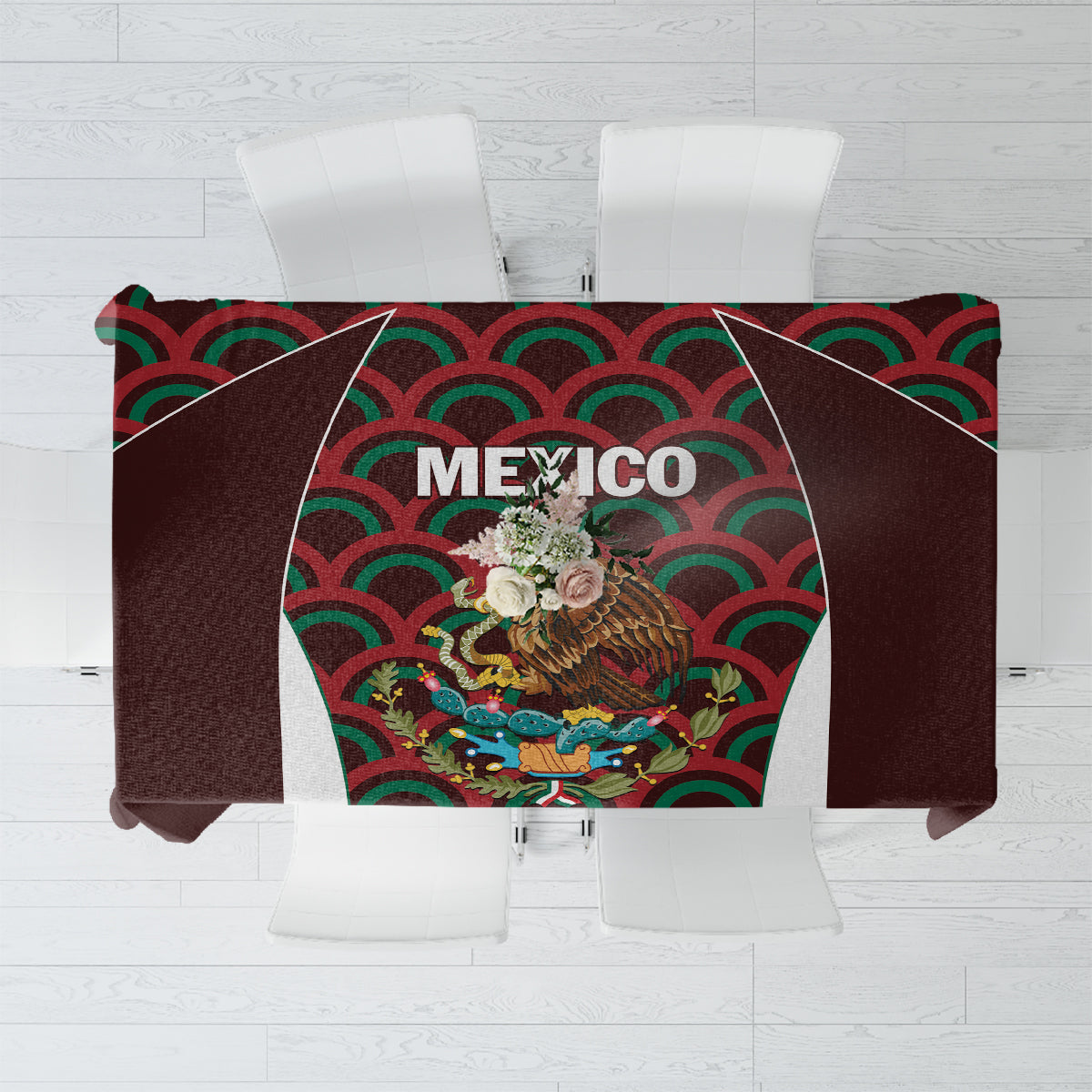 Maroon tablecloth with colorful Mexico emblem graphic and geometric wave pattern center