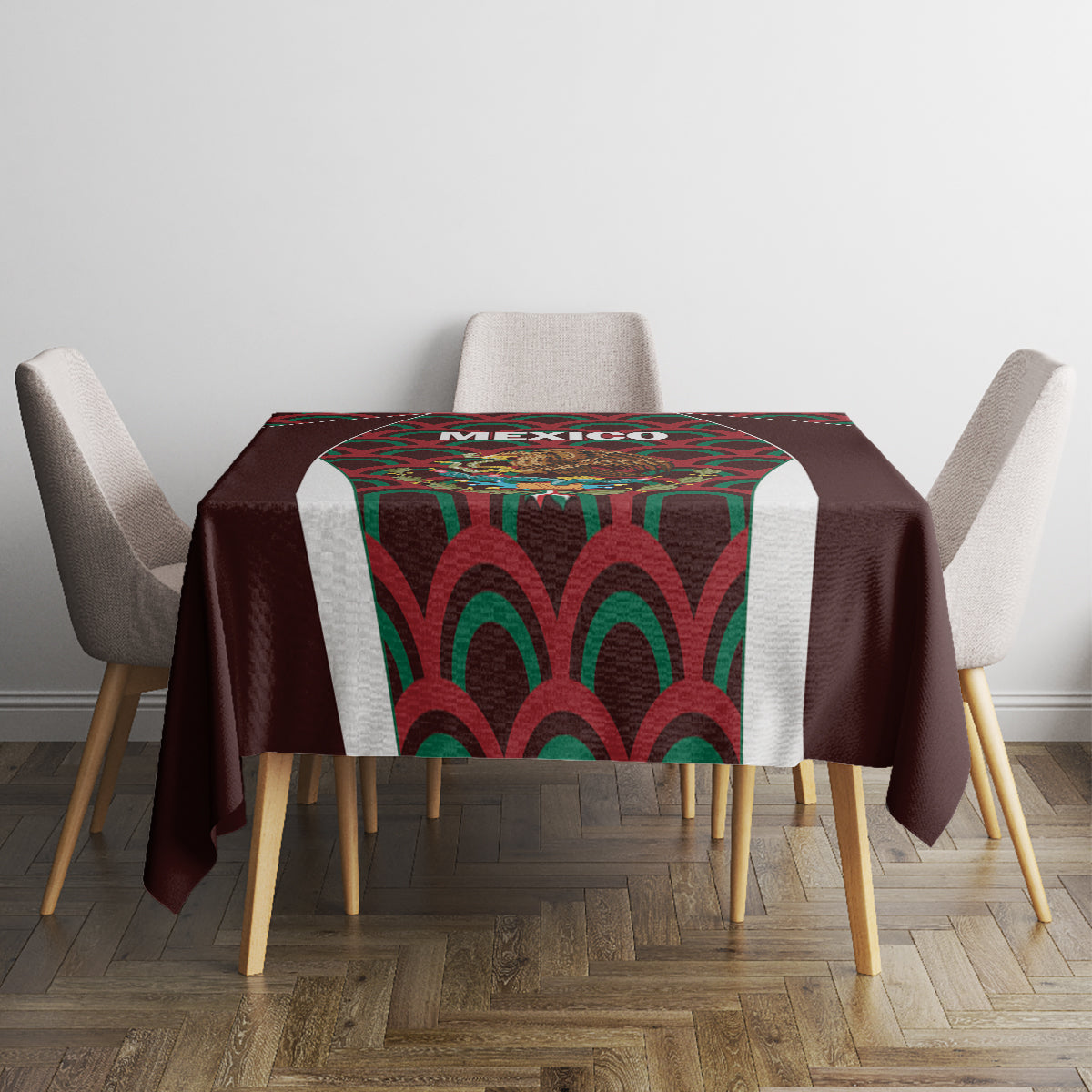 Maroon tablecloth for dining table with centered Mexico emblem and green-red wave border