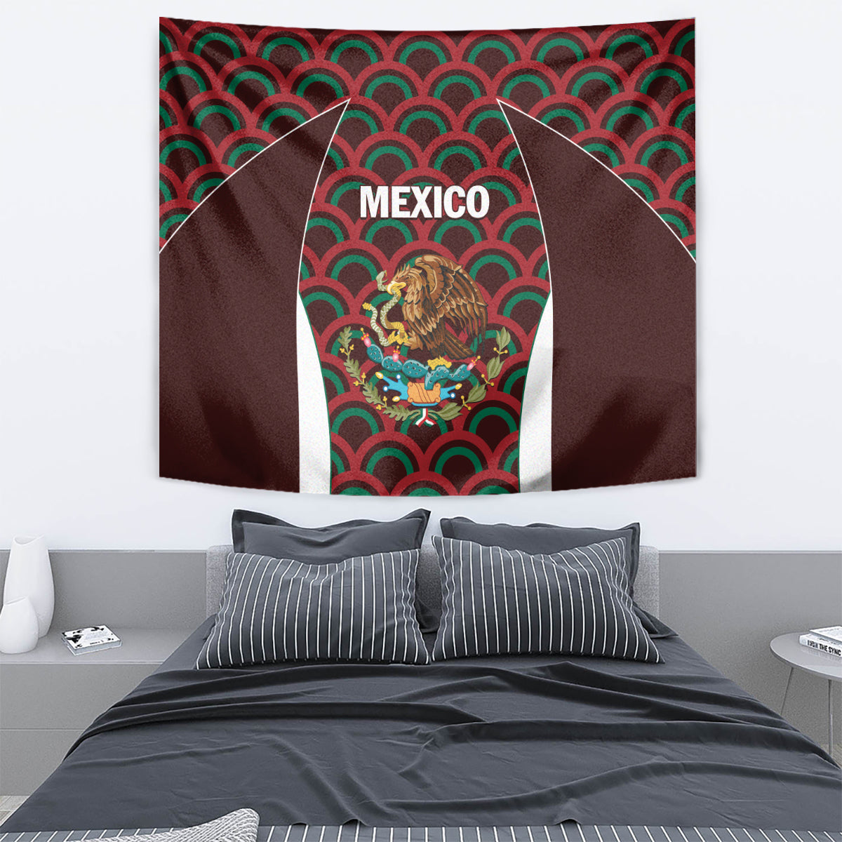 Mexico football tapestry wall hanging with 'MEXICO' crest and red-green fan pattern