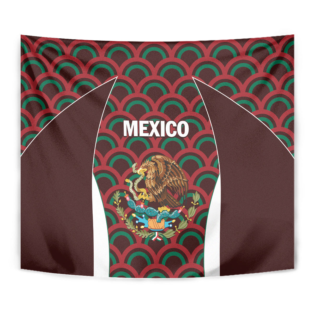 Mexico football tapestry wall hanging close-up with 'MEXICO' crest on red-green waves