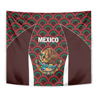 Mexico football tapestry wall hanging close-up with 'MEXICO' crest on red-green waves