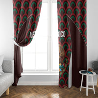Dark red window curtains with curved arch pattern and Mexico graphic on side panel