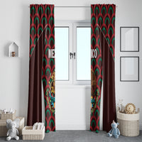 Set of Mexico themed window curtains in dark red with eagle artwork and arch motifs