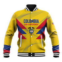 Yellow varsity baseball jacket with Colombia crest and Los Cafeteros graphic, snap buttons