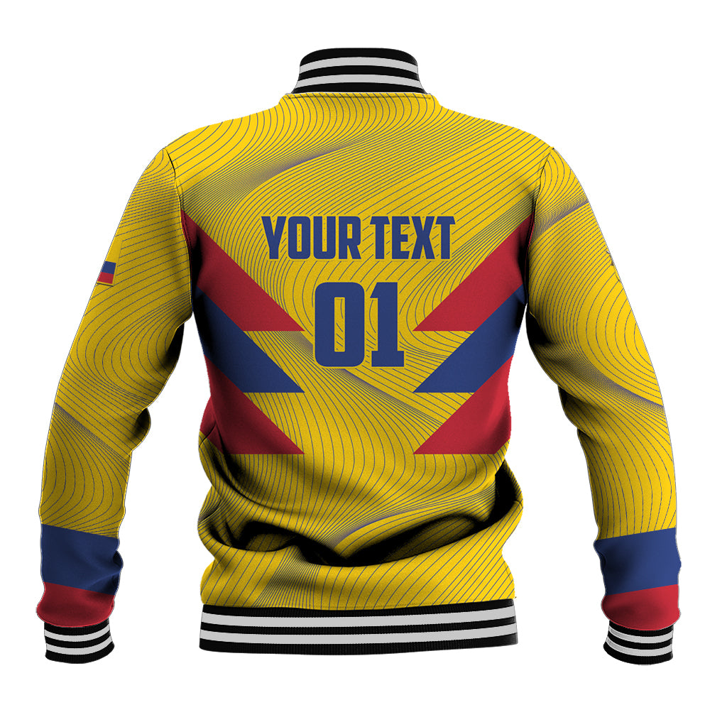 Yellow baseball jacket back with YOURTEXT 01 print and Colombia crest, striped rib cuffs
