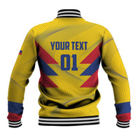 Yellow baseball jacket back with YOURTEXT 01 print and Colombia crest, striped rib cuffs