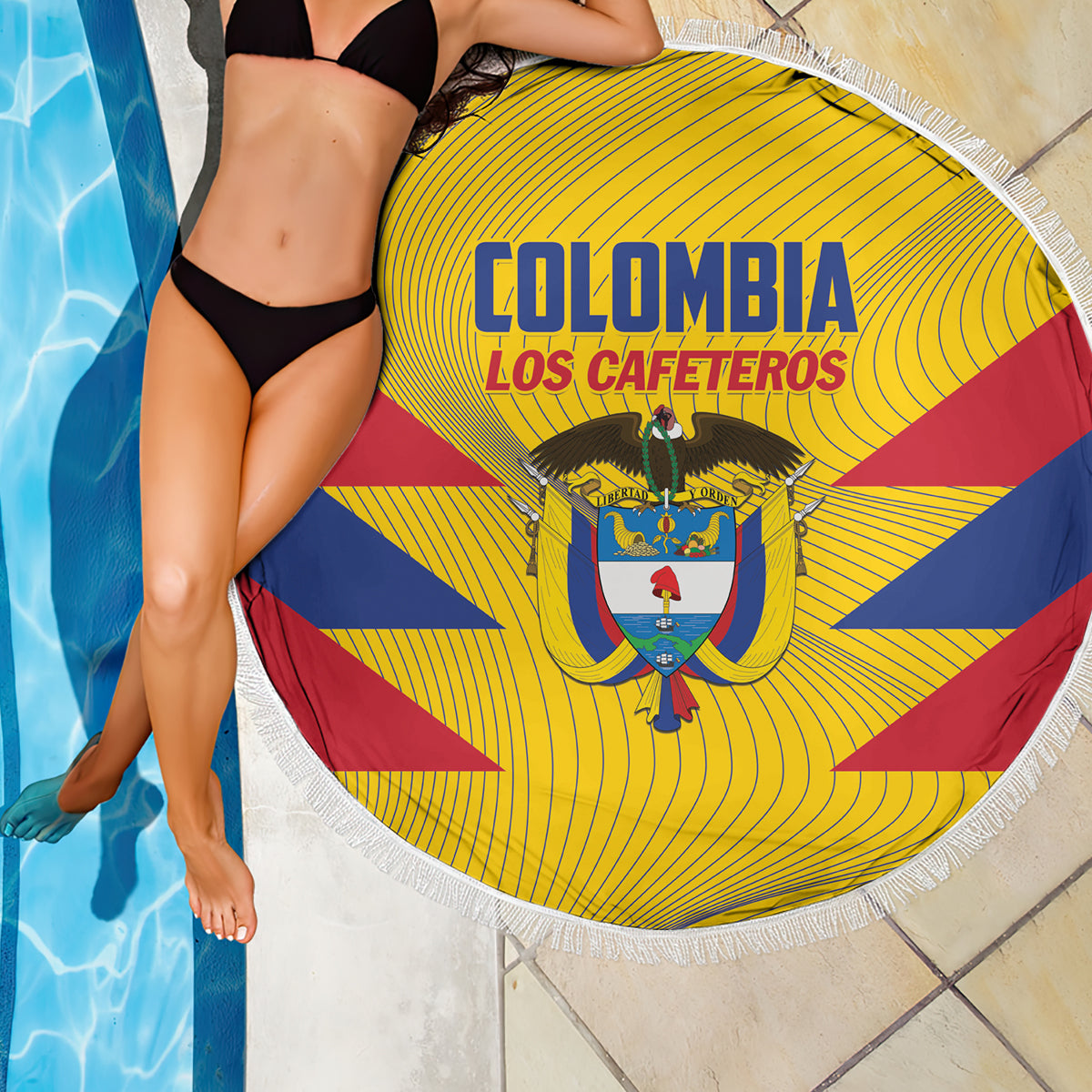 Round beach blanket with Colombia crest graphic on yellow background, blue and red diagonal bands