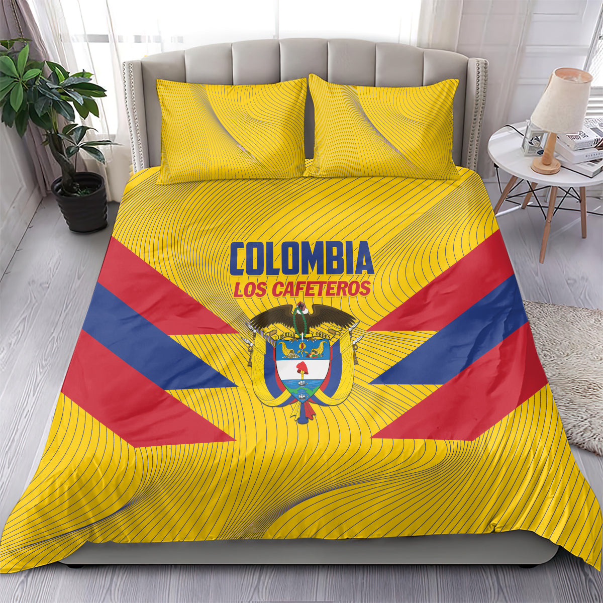 Yellow Colombia football bedding set with duvet and two pillowcases, crest logo on front