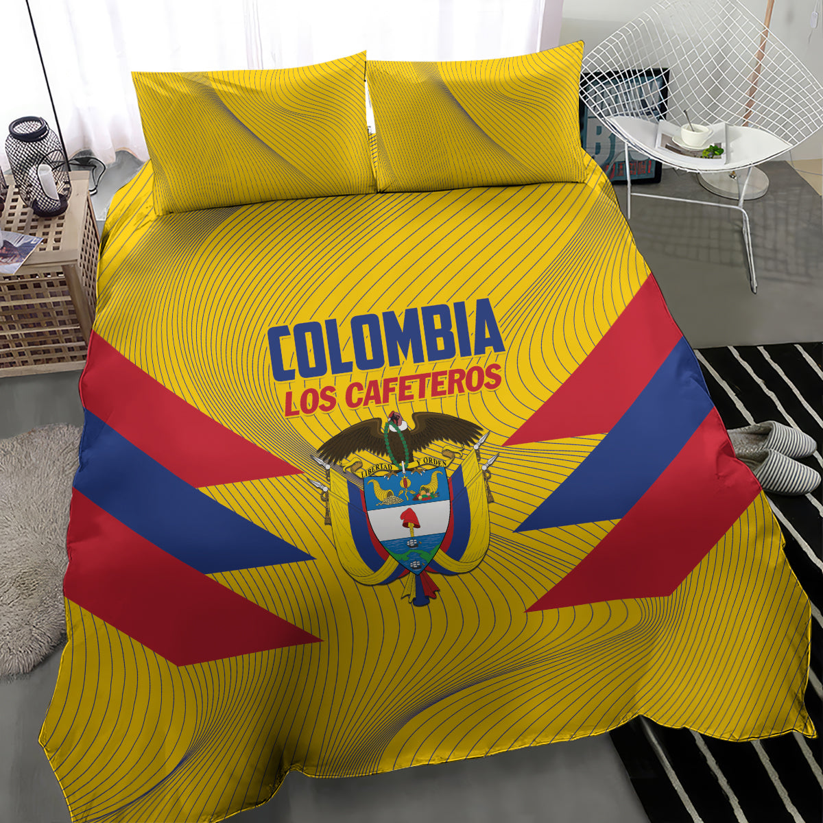 Yellow football bedding set with duvet and two pillowcases featuring Colombia crest and text