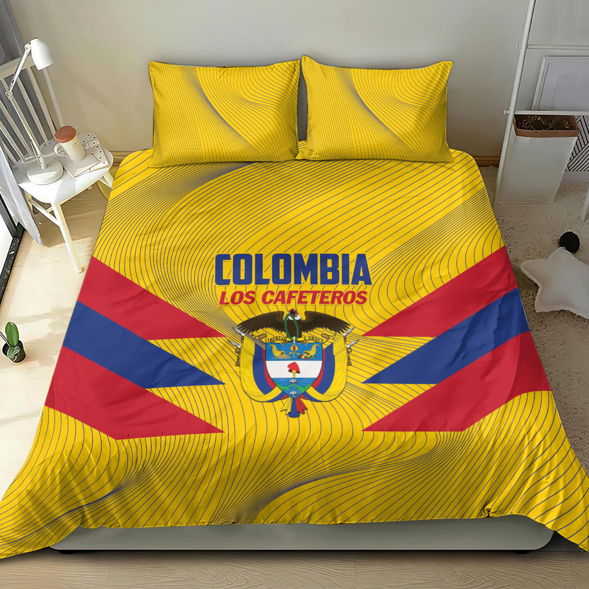 Yellow Colombia football bedding set with duvet, two pillows, and crest logo centered