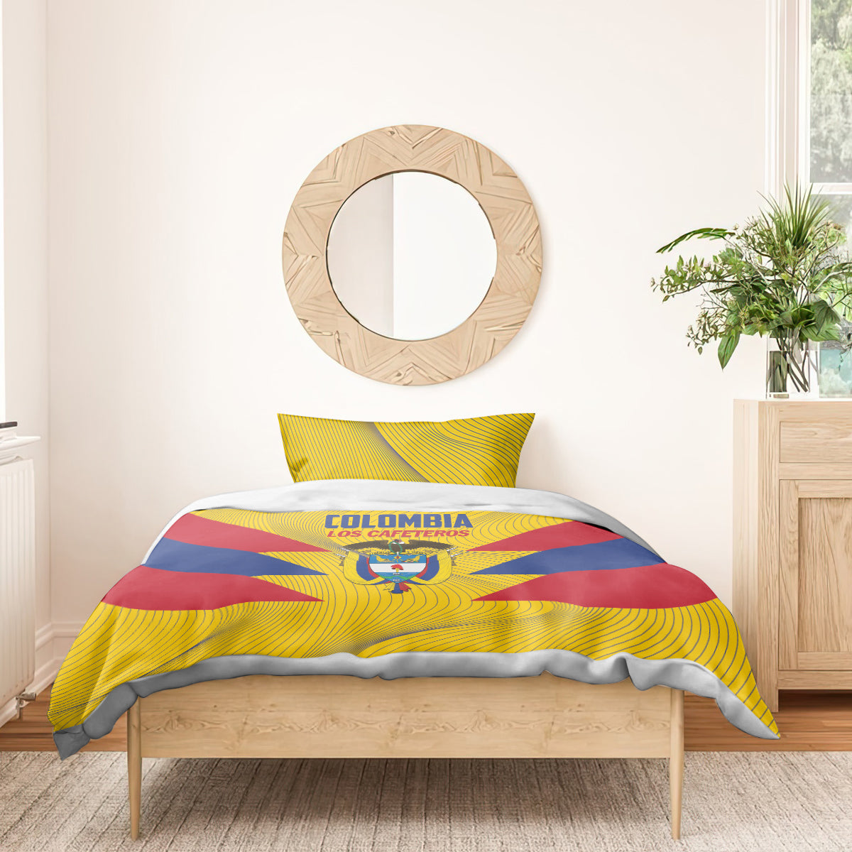 Yellow football bedding set with duvet and pillowcases showing Colombia text and crest