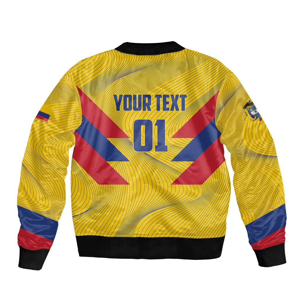 Yellow football bomber jacket with back print "YOUR TEXT 01" and striped rib trim