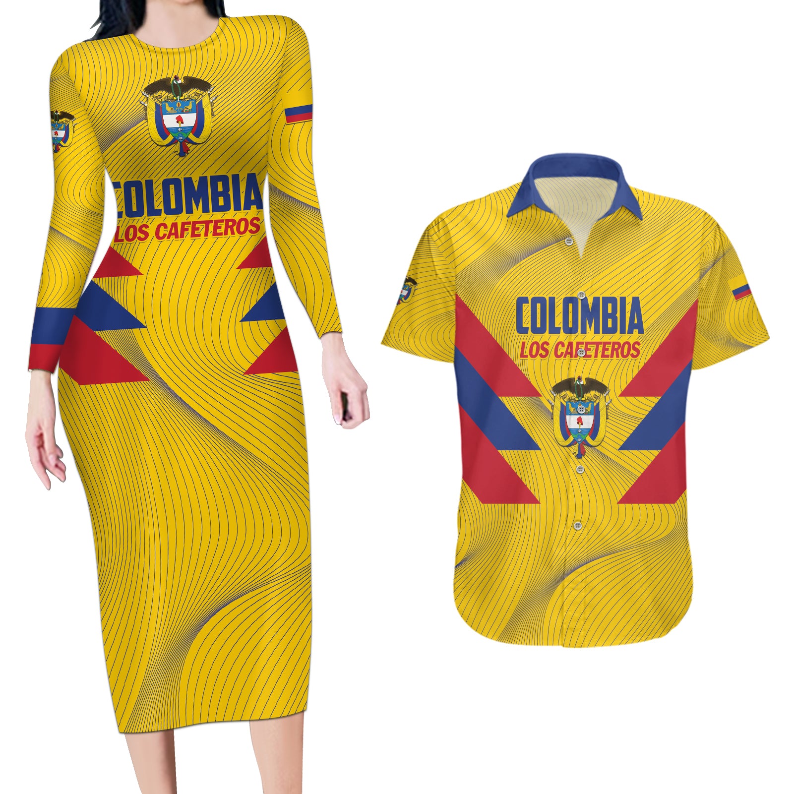 Personalized Colombia 2024 Football Couples Matching Long Sleeve Bodycon Dress and Hawaiian Shirt Go Los Cafeteros - Wonder Print Shop