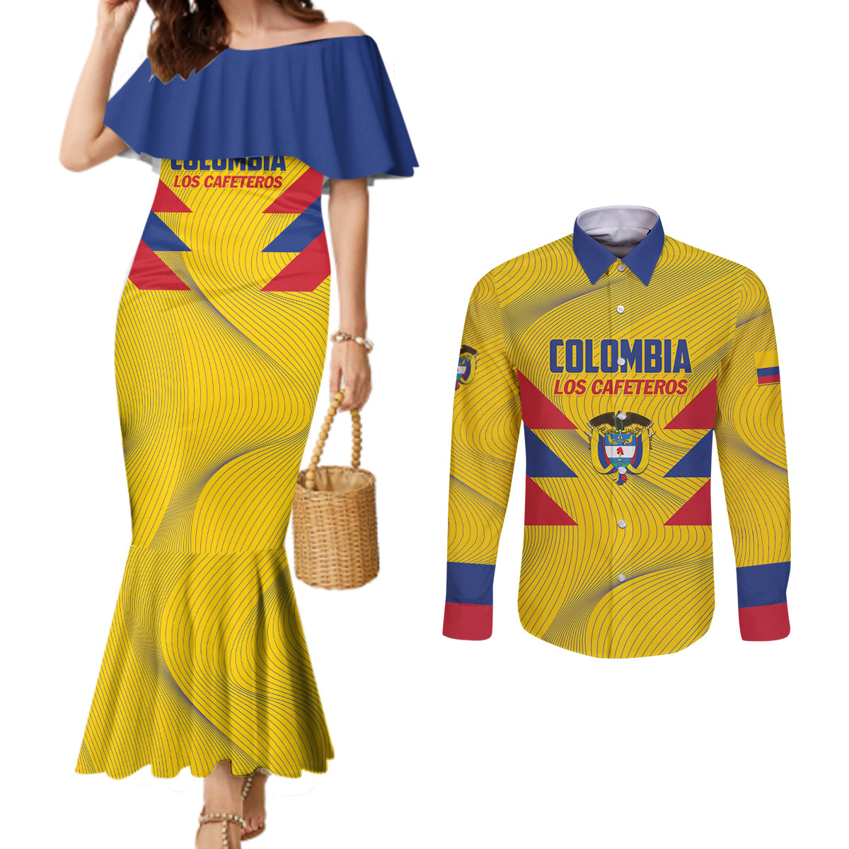 Personalized Colombia 2024 Football Couples Matching Mermaid Dress and Long Sleeve Button Shirt Go Los Cafeteros LT01